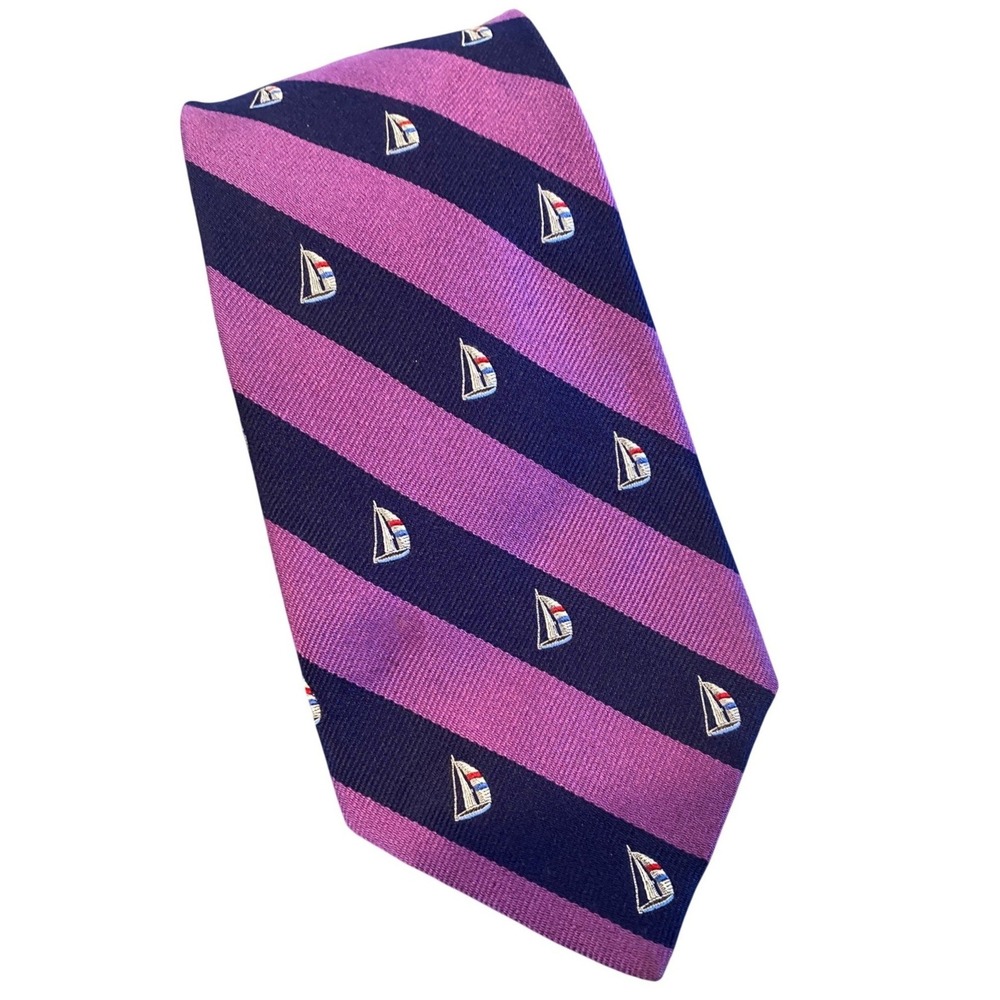 Brooks Brothers Makers Silk Tie Navy Purple Stripe Sailboat Nautical Made in USA
